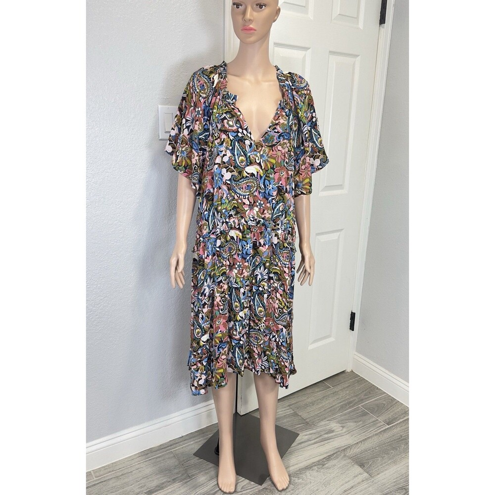 By Anthropologie 3X Boho Floral Paisley Tiered Midi Dress V Neck Plus Size